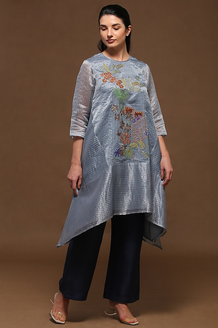 Greyish Blue Handloom Tissue Silk A-Line Kurta Set by OJA at Pernia's Pop Up Shop