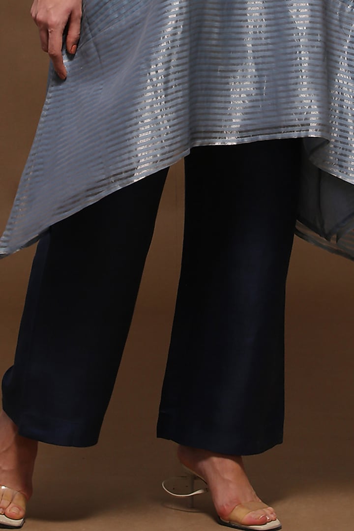 Greyish Blue Handloom Tissue Silk A-Line Kurta Set by OJA at Pernia's Pop Up Shop