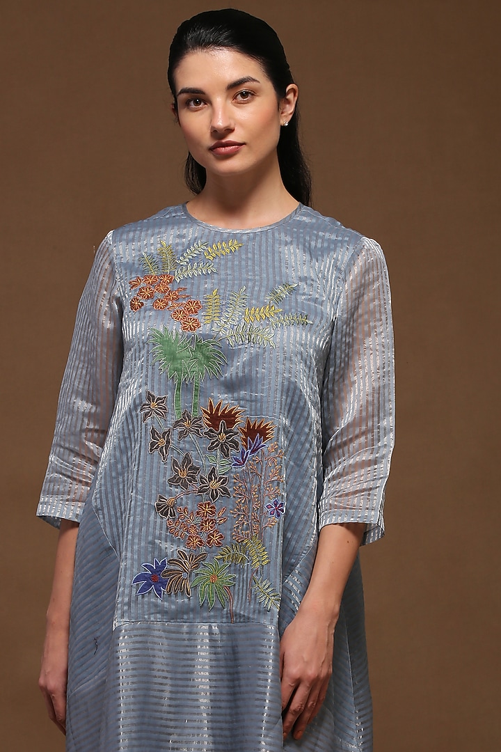 Greyish Blue Handloom Tissue Silk A-Line Kurta Set by OJA at Pernia's Pop Up Shop