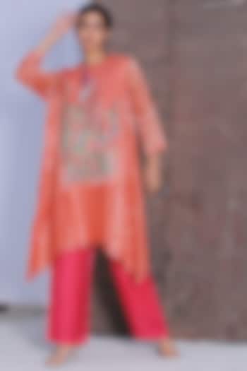 Geranium Pink Handloom Linen Silk A-Line Kurta Set by OJA at Pernia's Pop Up Shop