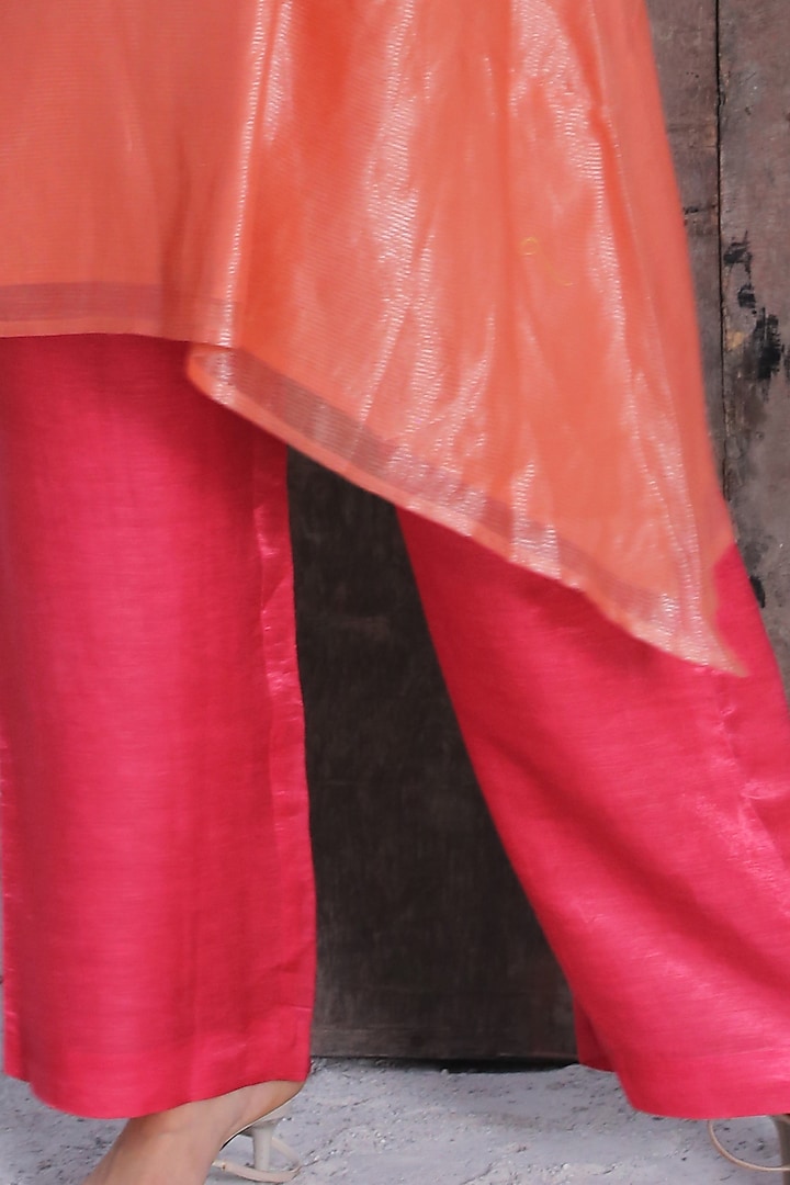 Geranium Pink Handloom Linen Silk A-Line Kurta Set by OJA at Pernia's Pop Up Shop