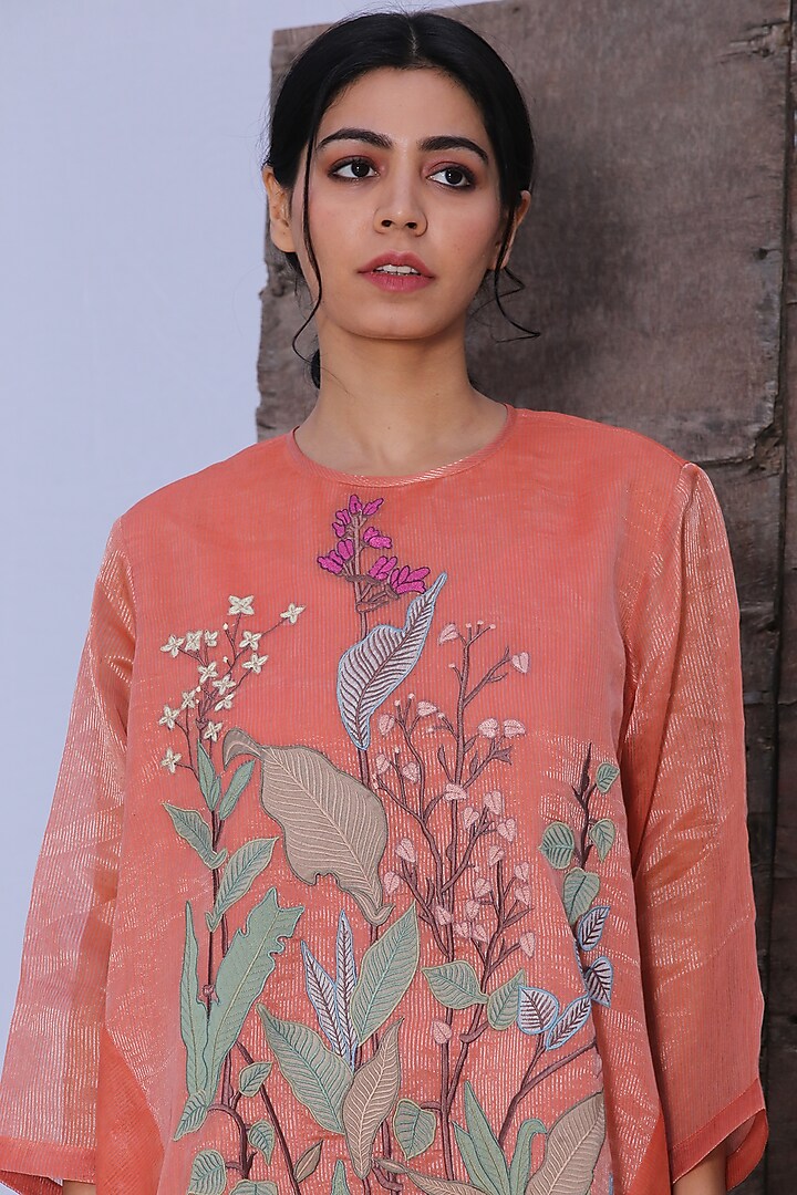 Geranium Pink Handloom Linen Silk A-Line Kurta Set by OJA at Pernia's Pop Up Shop