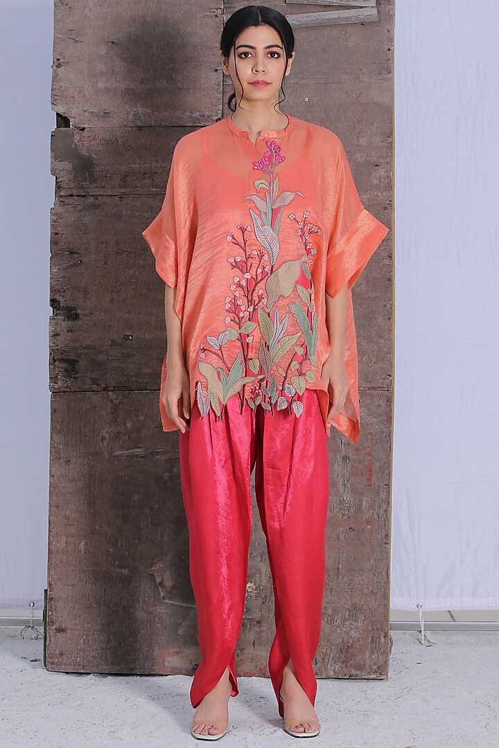 Geranium Pink Handloom Linen Silk Tunic Set by OJA at Pernia's Pop Up Shop