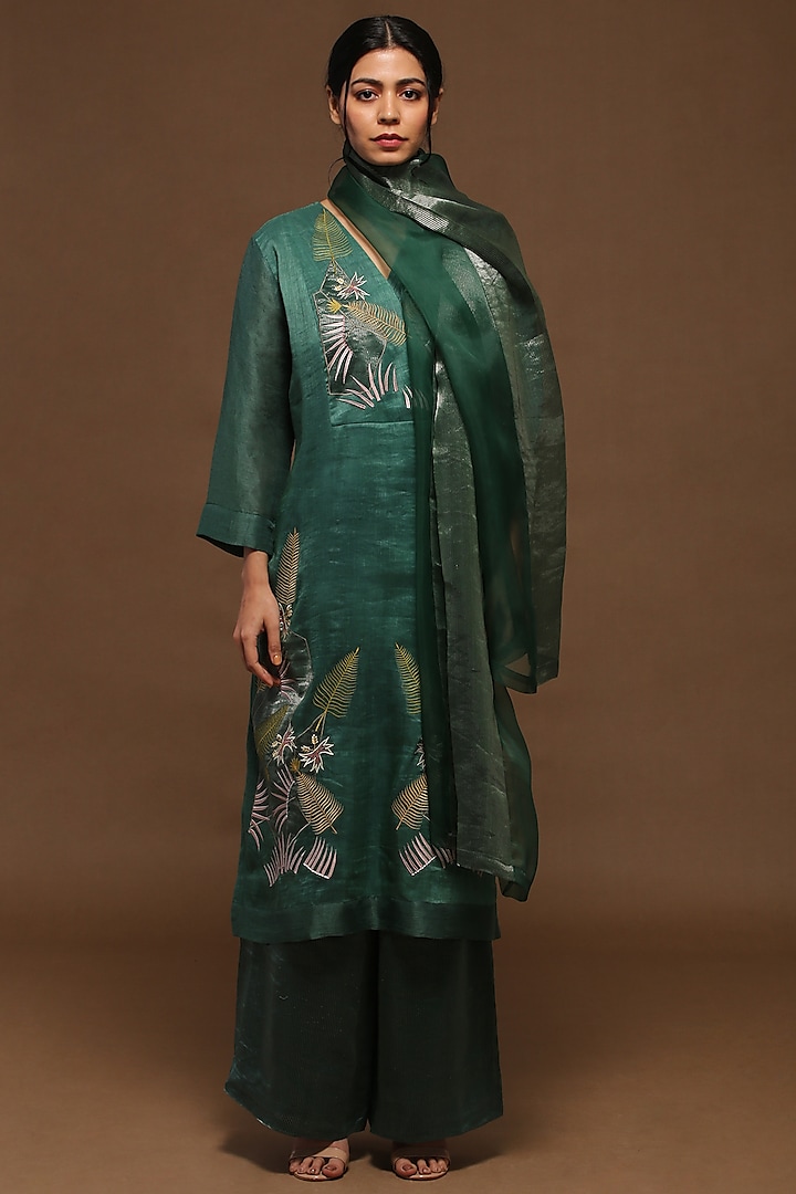 Peacock Green Handloom Linen Silk Kurta Set by OJA