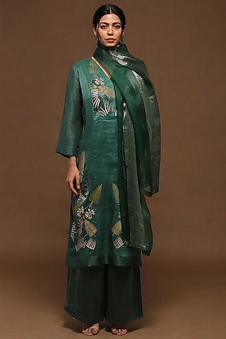 Peacock Green Handloom Linen Silk Kurta Set by OJA