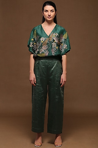 Peacock Green Handloom Tissue Silk Pant Set by OJA