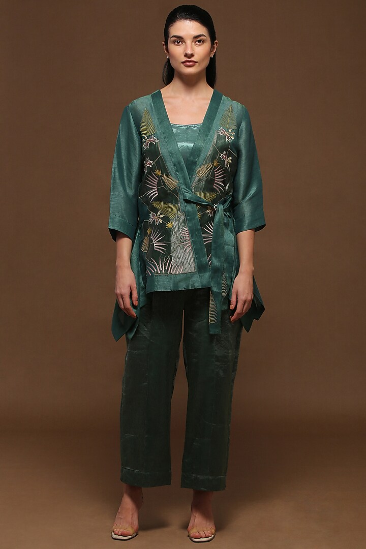 Peacock Green Handloom Tissue Silk Short Jacket Set by OJA at Pernia's Pop Up Shop