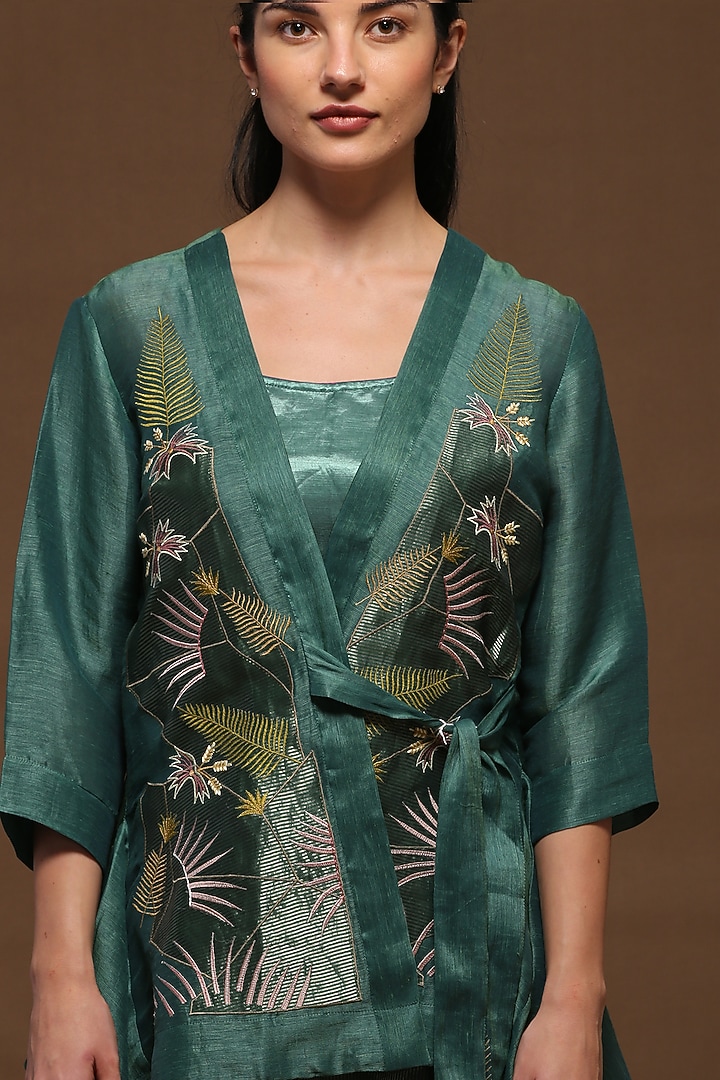 Peacock Green Handloom Tissue Silk Short Jacket Set by OJA at Pernia's Pop Up Shop