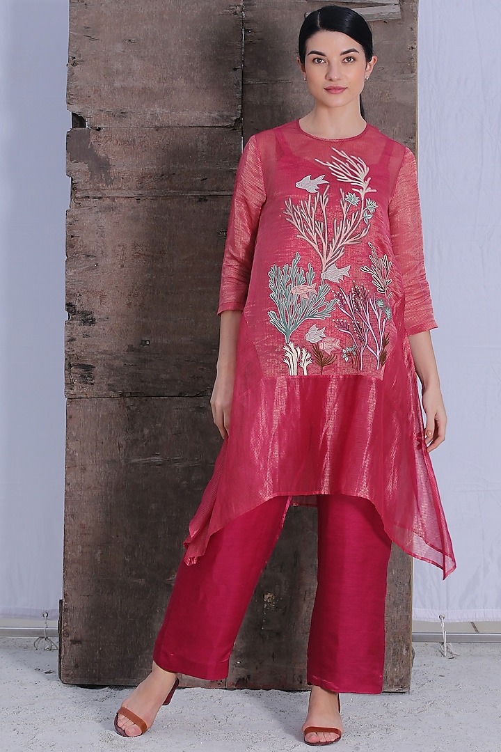 Deep Pink Handloom Tissue Silk A-Line Kurta Set by OJA at Pernia's Pop Up Shop