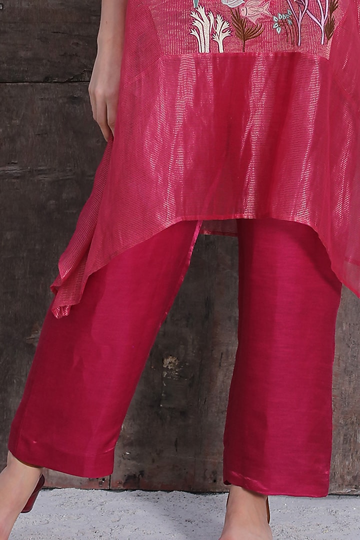 Deep Pink Handloom Tissue Silk A-Line Kurta Set by OJA at Pernia's Pop Up Shop