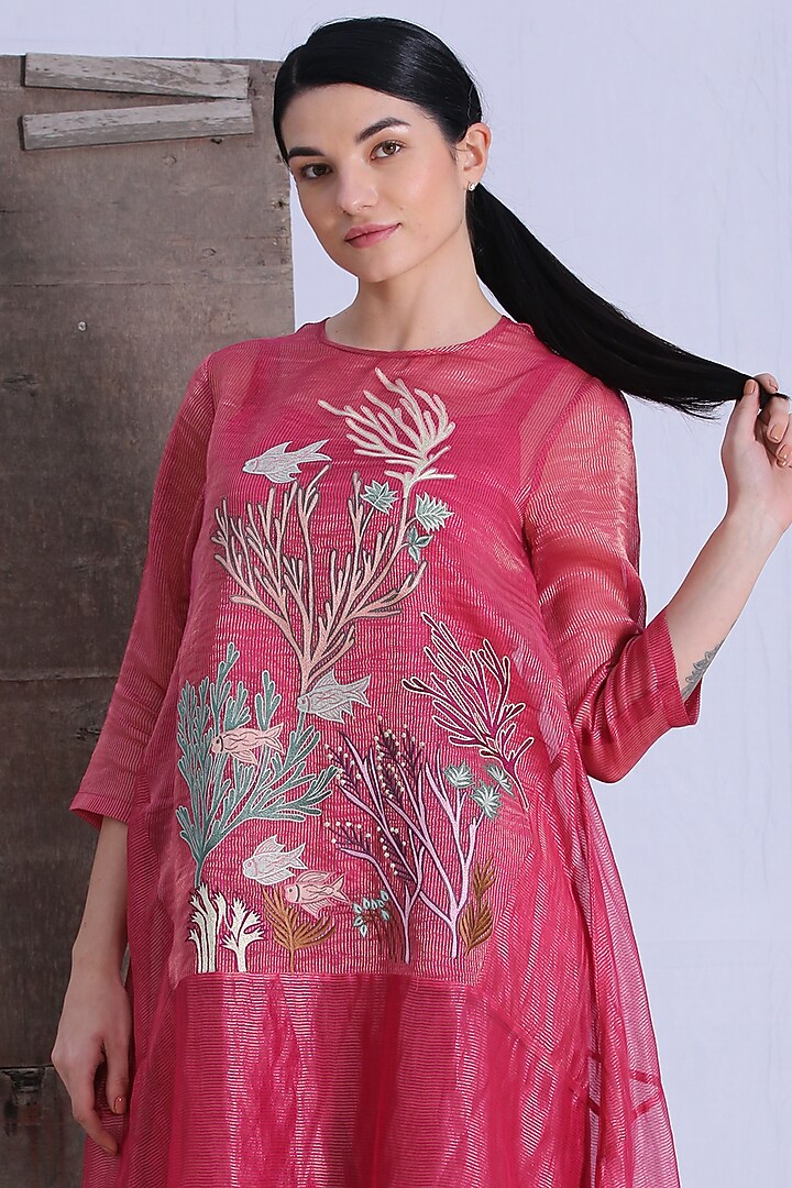 Deep Pink Handloom Tissue Silk A-Line Kurta Set by OJA at Pernia's Pop Up Shop