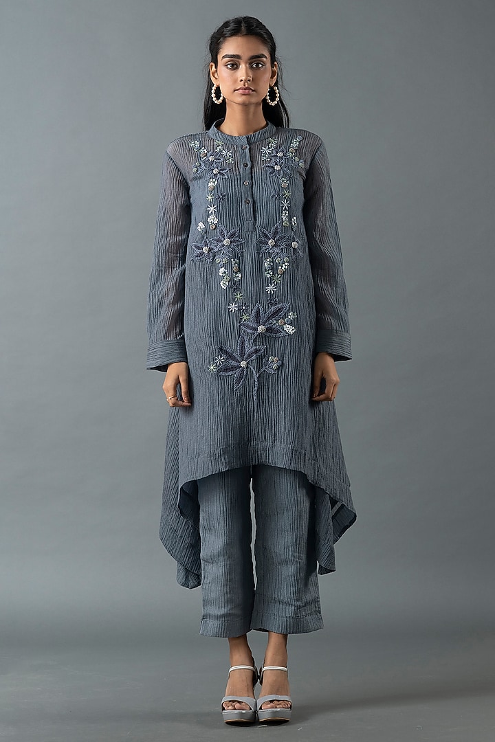 Pebble Grey Japanese Quash Floral Embroidered Tunic Set by OJA at Pernia's Pop Up Shop