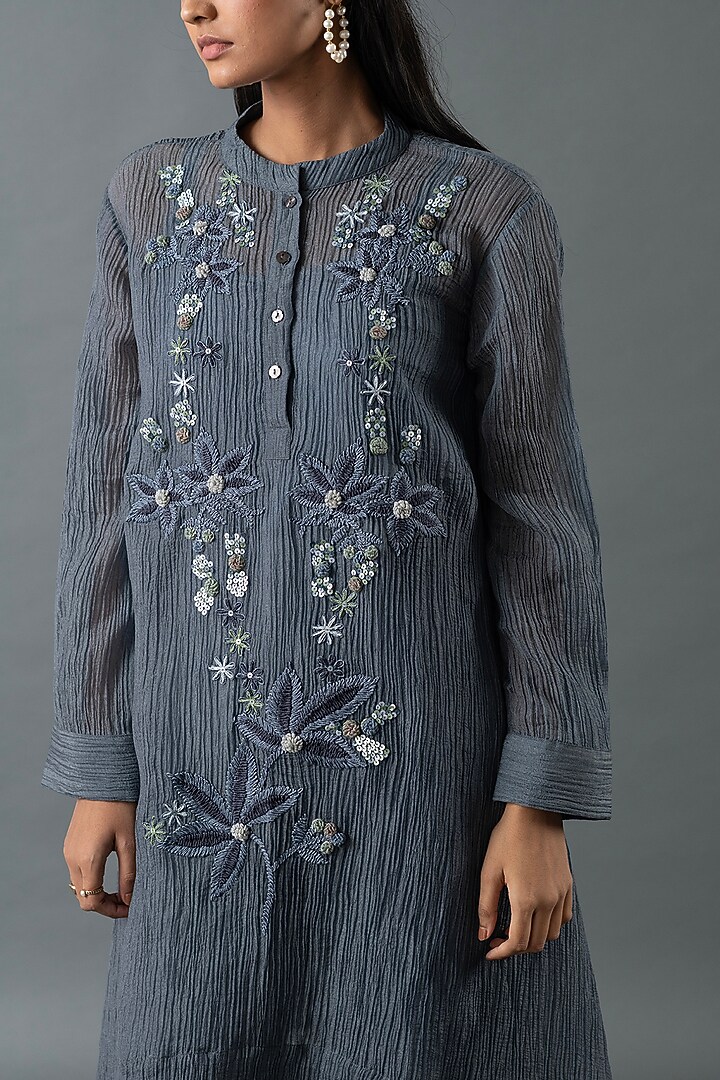 Pebble Grey Japanese Quash Floral Embroidered Tunic Set by OJA at Pernia's Pop Up Shop