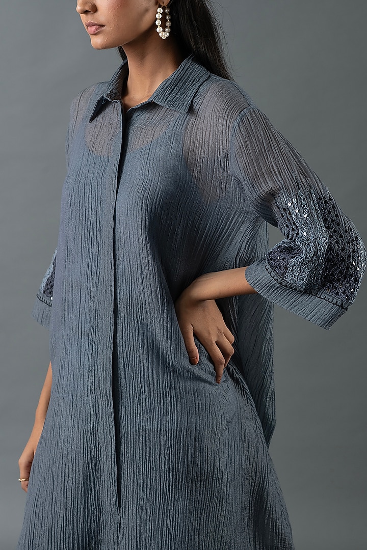 Pebble Grey Japanese Quash Hand Embroidered Tunic Set by OJA at Pernia's Pop Up Shop
