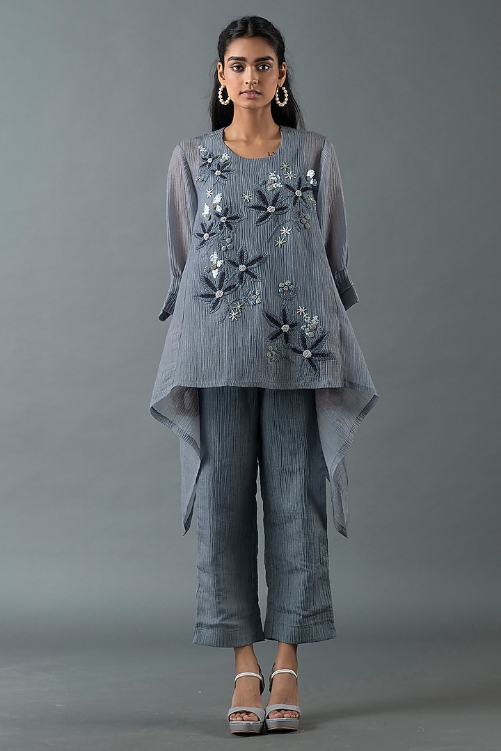 Pebble Grey & Charcoal Black Japanese Quash Embroidered Tunic Set by OJA at Pernia's Pop Up Shop