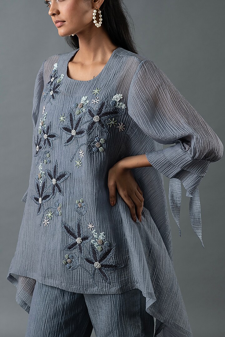 Pebble Grey & Charcoal Black Japanese Quash Embroidered Tunic Set by OJA at Pernia's Pop Up Shop