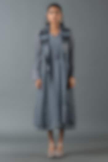 Pebble Grey & Charcoal Black Japanese Quash Hand Embroidered Jacket Dress by OJA