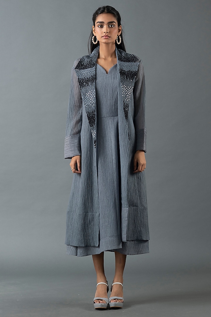 Pebble Grey & Charcoal Black Japanese Quash Hand Embroidered Jacket Dress by OJA