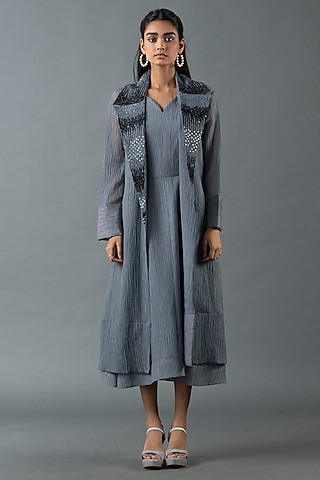 Pebble Grey & Charcoal Black Japanese Quash Hand Embroidered Jacket Dress by OJA