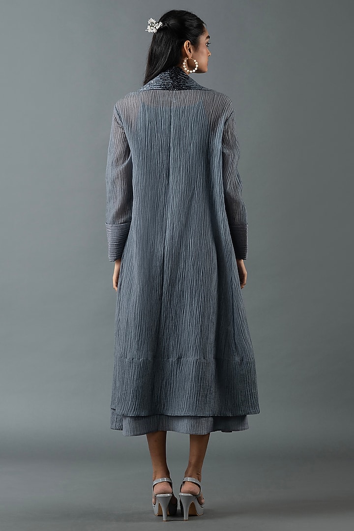 Pebble Grey & Charcoal Black Japanese Quash Hand Embroidered Jacket Vacation Dress by OJA at Pernia's Pop Up Shop