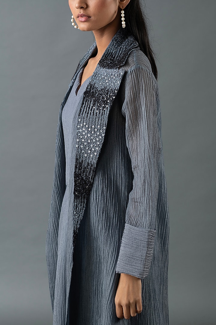 Pebble Grey & Charcoal Black Japanese Quash Hand Embroidered Jacket Vacation Dress by OJA at Pernia's Pop Up Shop