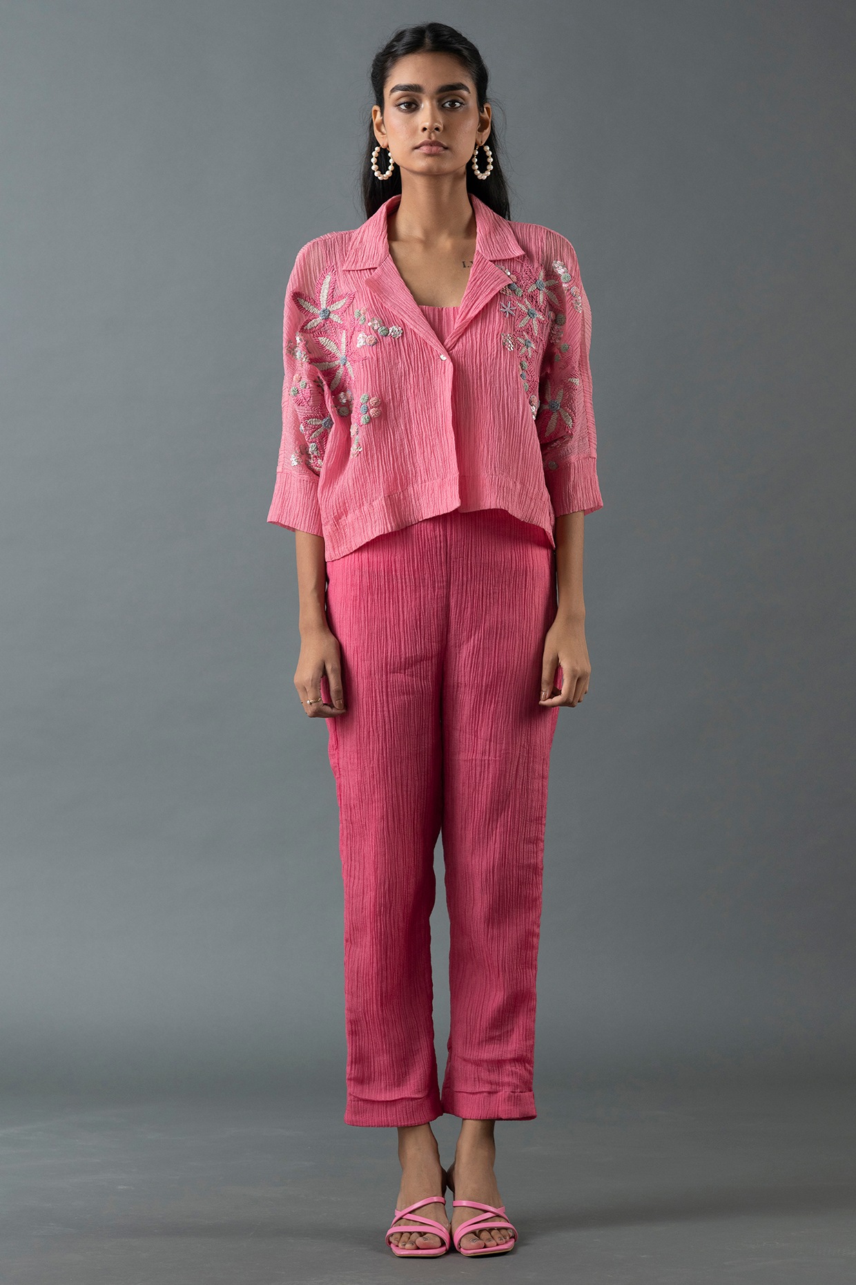 Rose Pink Japanese Quash Floral Embroidered Jacket Set by Rose Pink Japanese Quash Floral Embroidered Jacket Set by