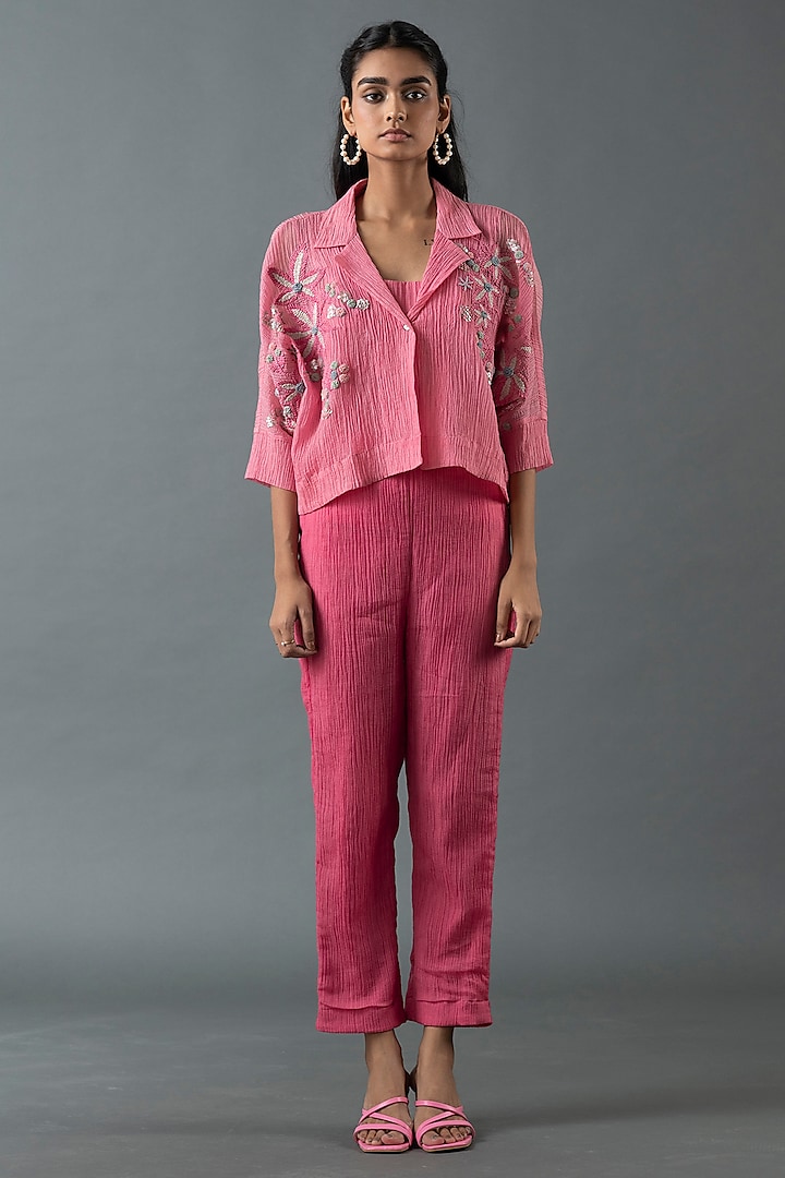 Rose Pink Japanese Quash Floral Embroidered Jacket Set by OJA