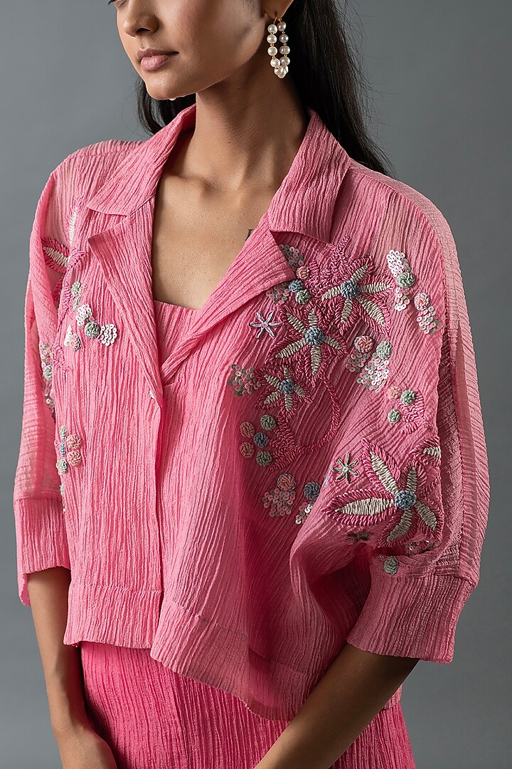 Rose Pink Japanese Quash Floral Embroidered Jacket Set by OJA at Pernia's Pop Up Shop