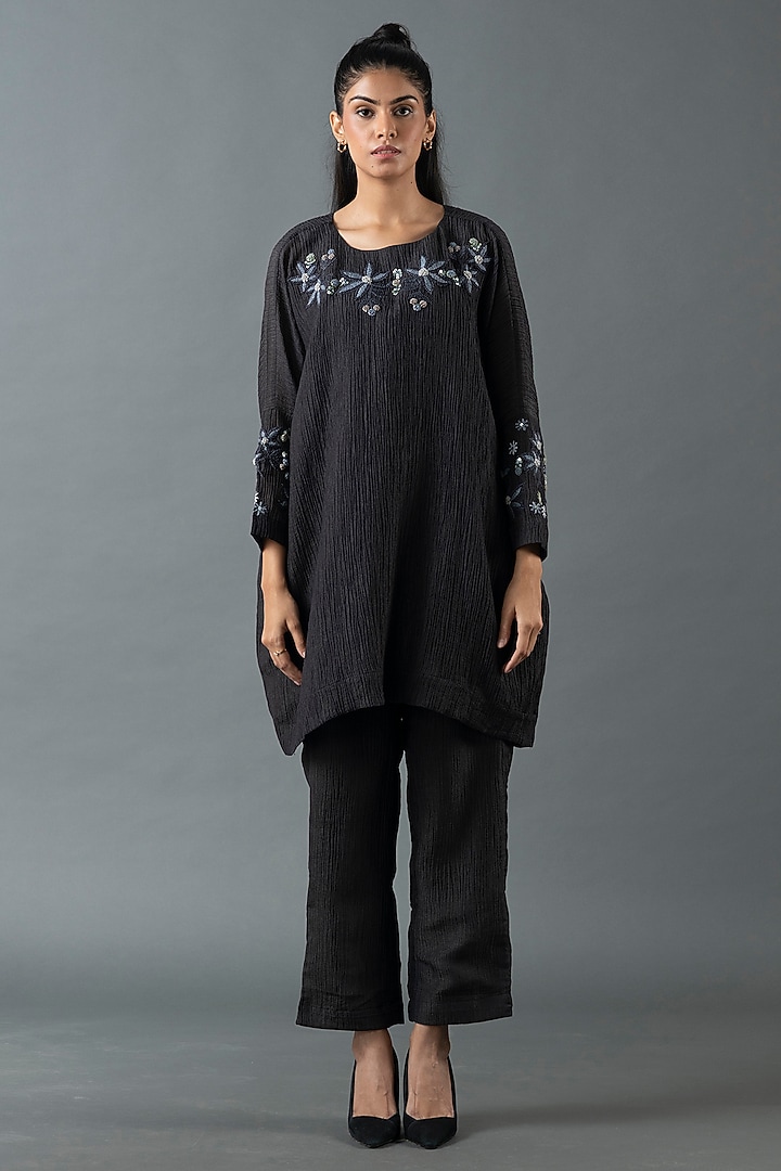 Charcoal Black Japanese Quash Embroidered Tunic Set by OJA at Pernia's Pop Up Shop