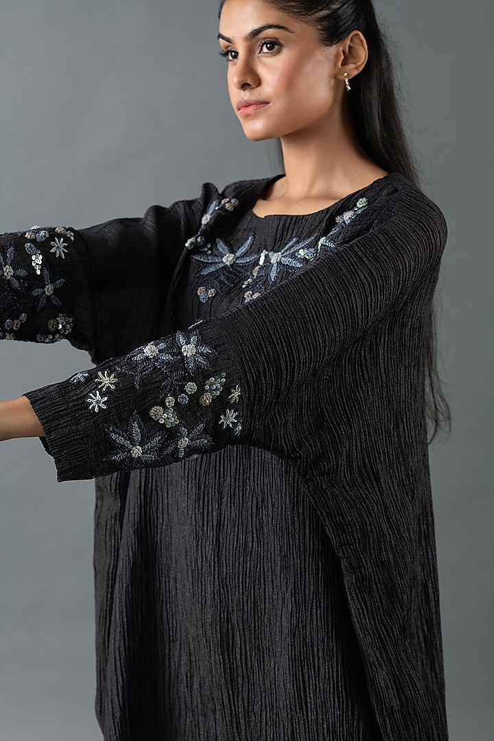 Charcoal Black Japanese Quash Embroidered Tunic Set by OJA at Pernia's Pop Up Shop