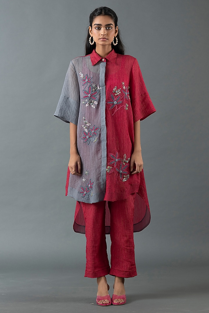 Slate Grey & Maroon Japanese Quash Floral Embroidered Tunic Set by OJA at Pernia's Pop Up Shop
