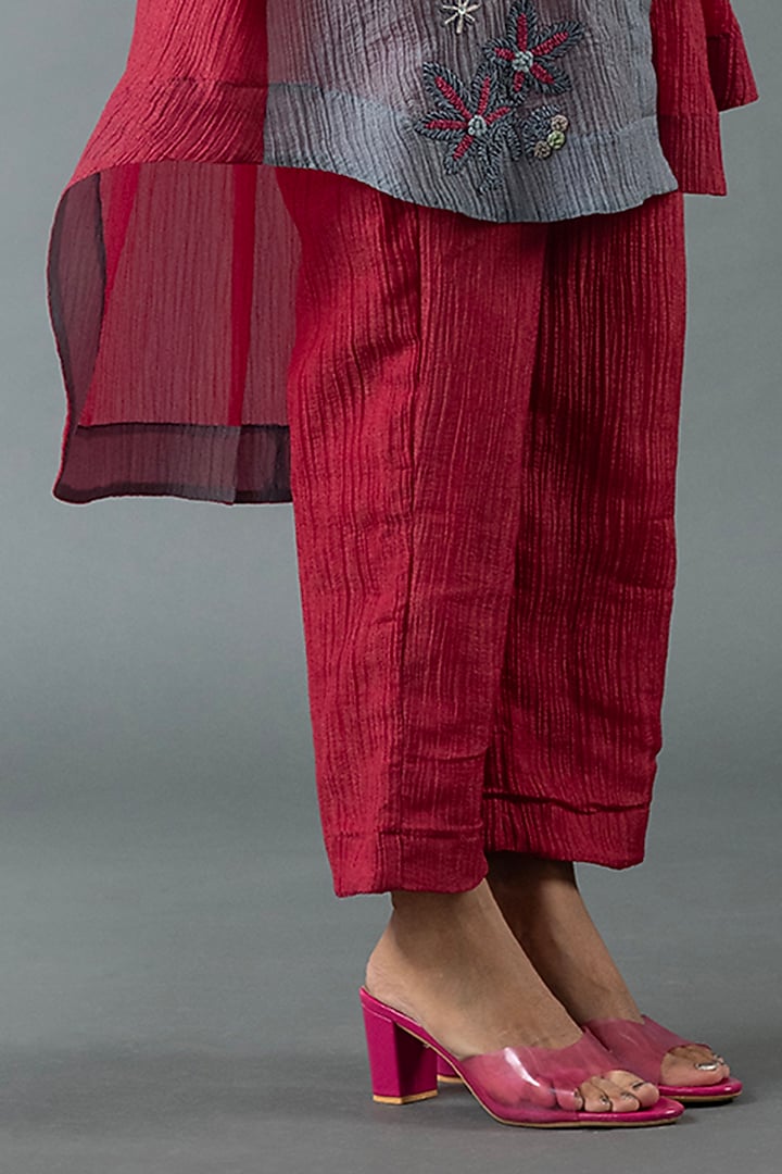 Slate Grey & Maroon Japanese Quash Floral Embroidered Tunic Set by OJA at Pernia's Pop Up Shop