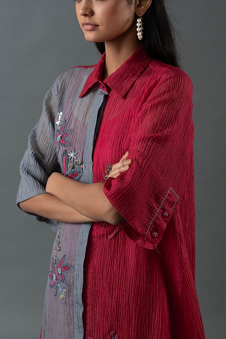 Slate Grey & Maroon Japanese Quash Floral Embroidered Tunic Set by OJA at Pernia's Pop Up Shop