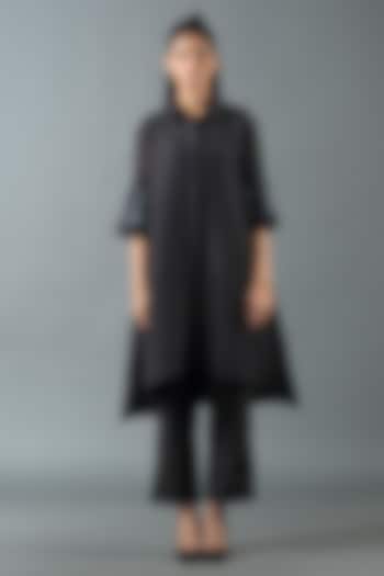 Charcoal Black Japanese Quash Hand Embroidered Tunic Set by OJA at Pernia's Pop Up Shop