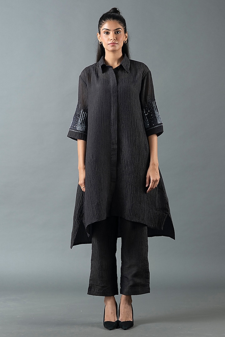 Charcoal Black Japanese Quash Hand Embroidered Tunic Set by OJA at Pernia's Pop Up Shop