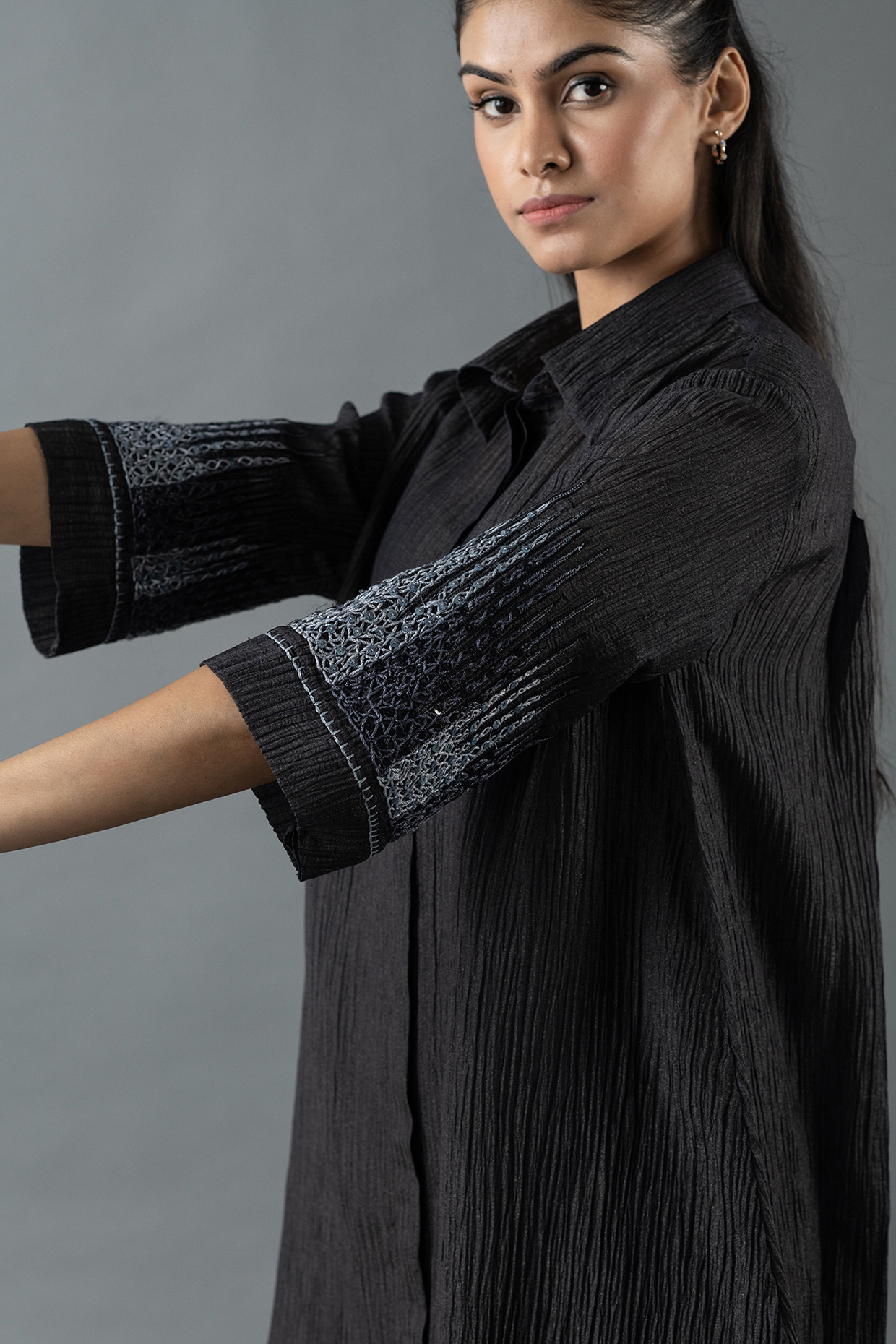 Charcoal Black Japanese Quash Hand Embroidered Tunic Set by