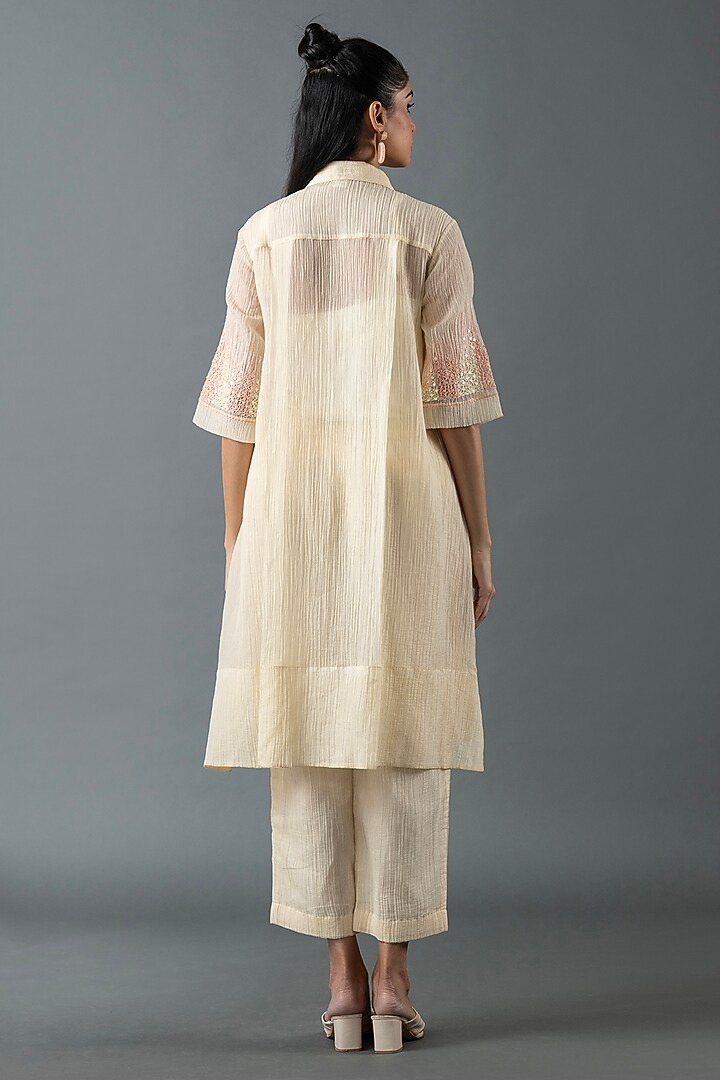 Light Ivory Japanese Quash Hand Embroidered Tunic Set by OJA at Pernia's Pop Up Shop
