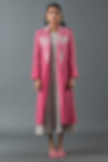 Rose Pink & Cadet Grey Japanese Quash Hand Embroidered Jacket Vacation Dress by OJA at Pernia's Pop Up Shop