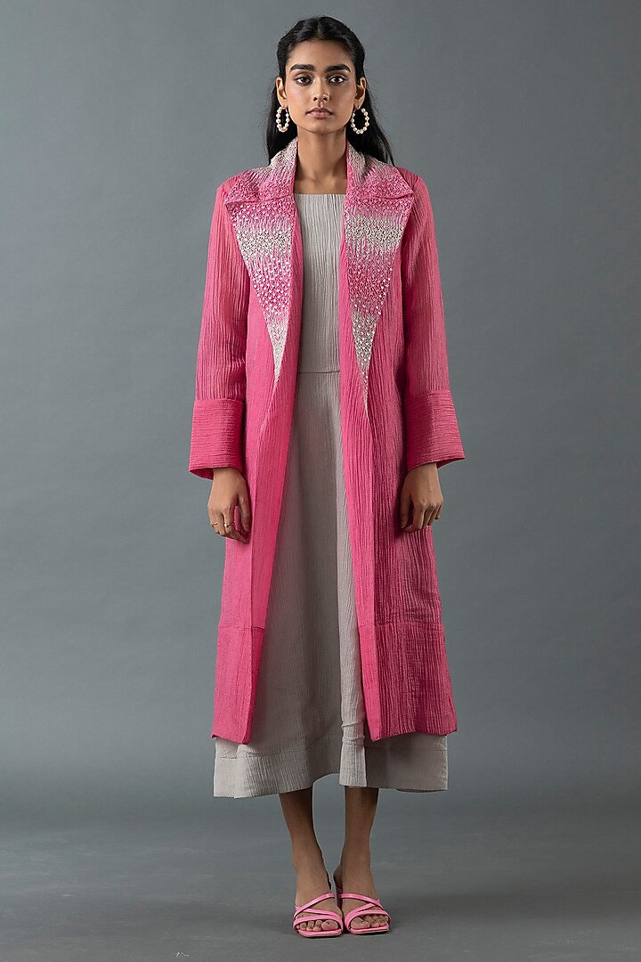 Rose Pink & Cadet Grey Japanese Quash Hand Embroidered Jacket Vacation Dress by OJA at Pernia's Pop Up Shop