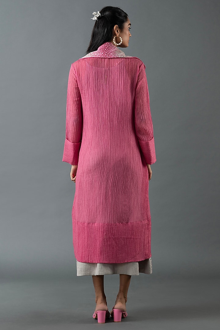 Rose Pink & Cadet Grey Japanese Quash Hand Embroidered Jacket Vacation Dress by OJA at Pernia's Pop Up Shop