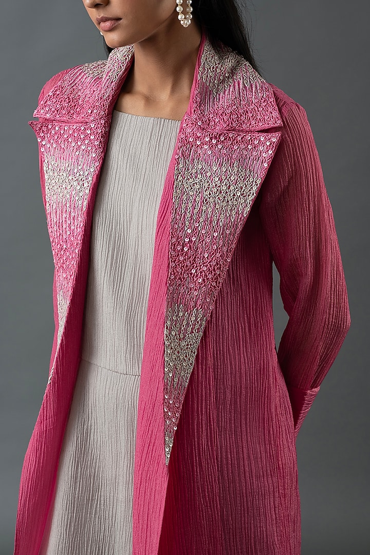 Rose Pink & Cadet Grey Japanese Quash Hand Embroidered Jacket Vacation Dress by OJA at Pernia's Pop Up Shop