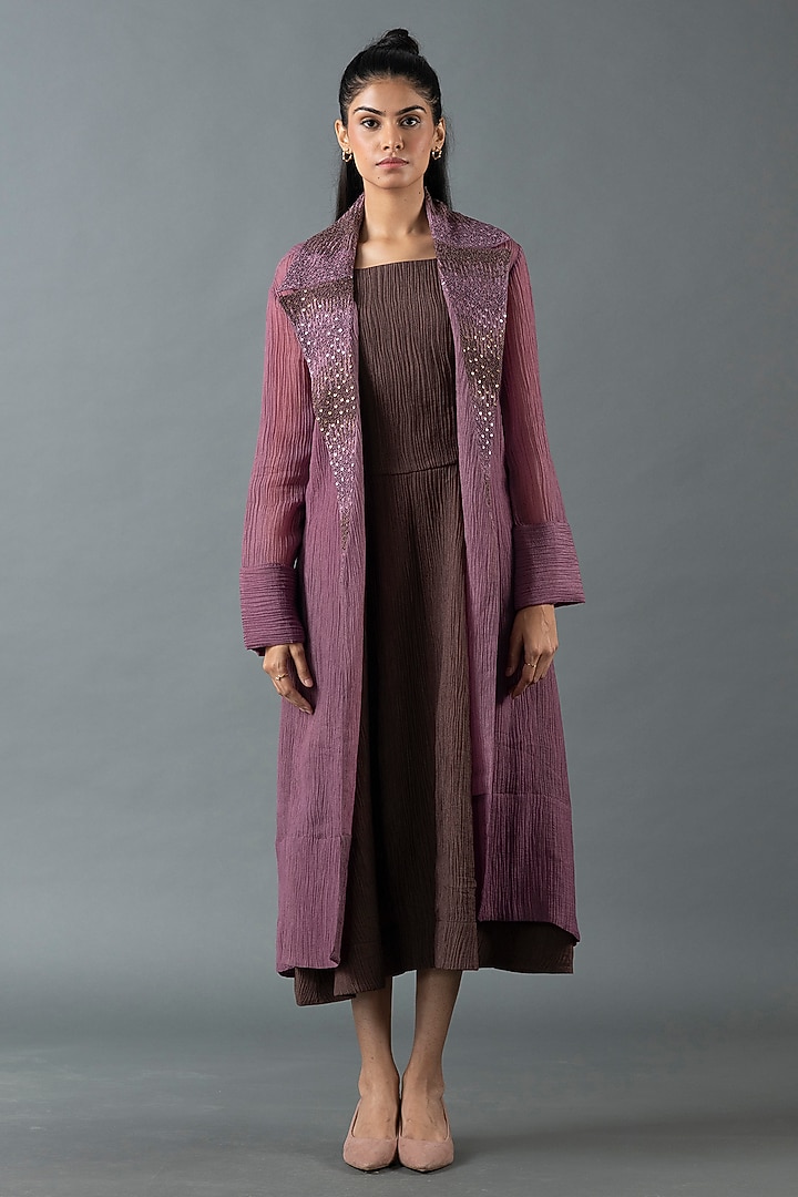 Purple Mauve & Brown Japanese Quash Hand Embroidered Jacket Vacation Dress by OJA at Pernia's Pop Up Shop