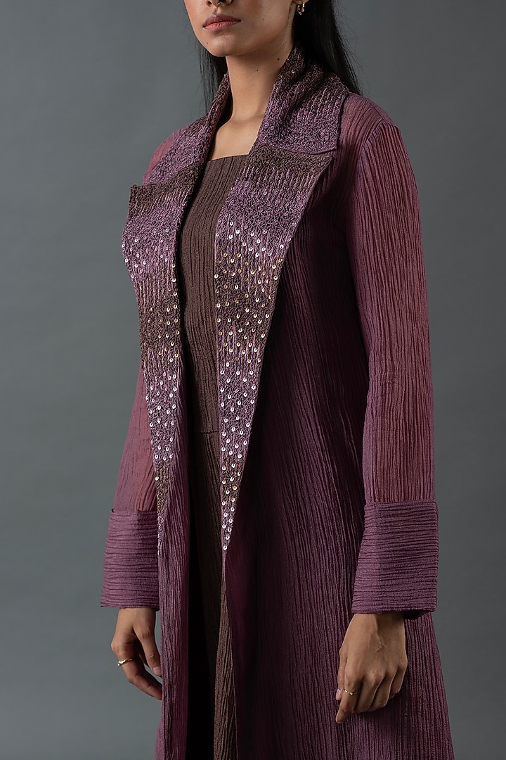 Purple Mauve & Brown Japanese Quash Hand Embroidered Jacket Vacation Dress by OJA at Pernia's Pop Up Shop
