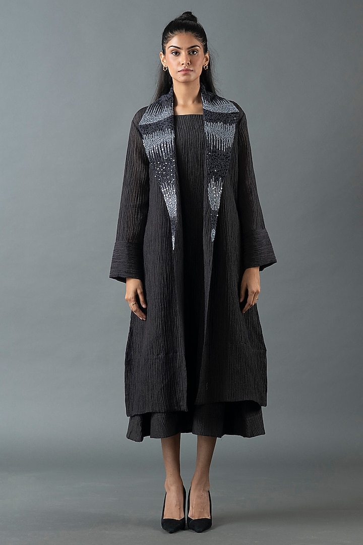 Charcoal Black Japanese Quash Hand Embroidered Jacket Vacation Dress by OJA at Pernia's Pop Up Shop