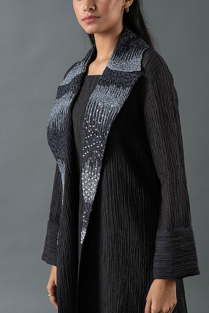 Charcoal Black Japanese Quash Hand Embroidered Jacket Vacation Dress by OJA at Pernia's Pop Up Shop