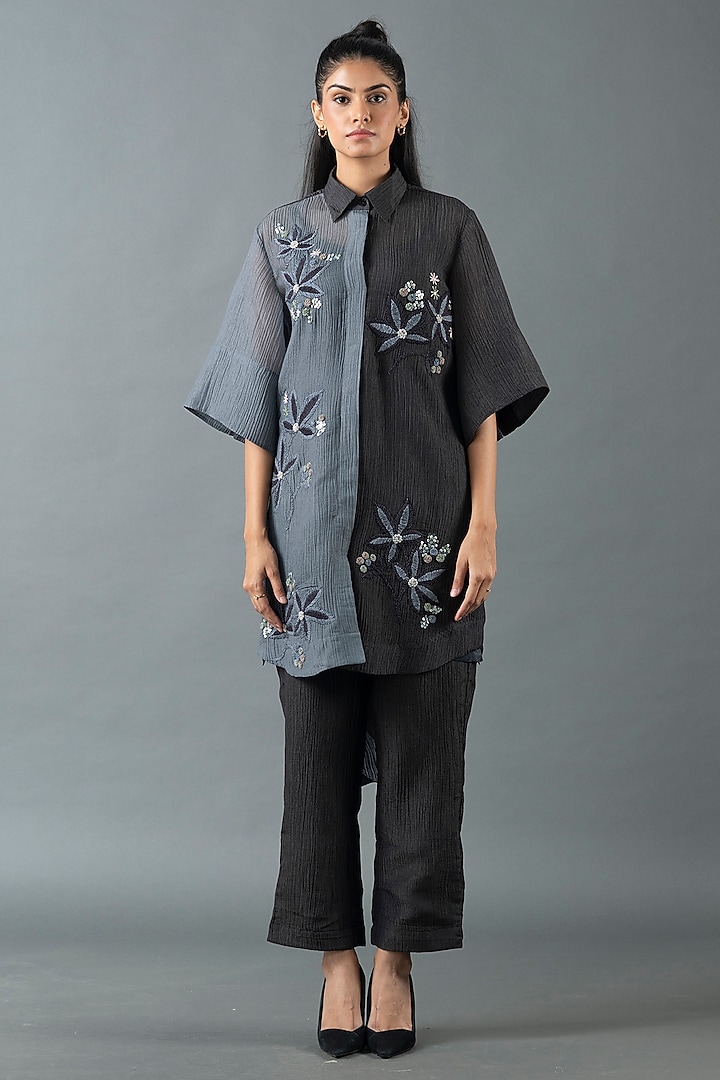 Slate Grey & Charcoal Black Japanese Quash Floral Embroidered Tunic Set by OJA at Pernia's Pop Up Shop