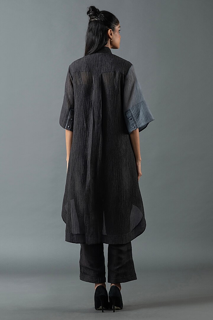 Slate Grey & Charcoal Black Japanese Quash Floral Embroidered Tunic Set by OJA at Pernia's Pop Up Shop