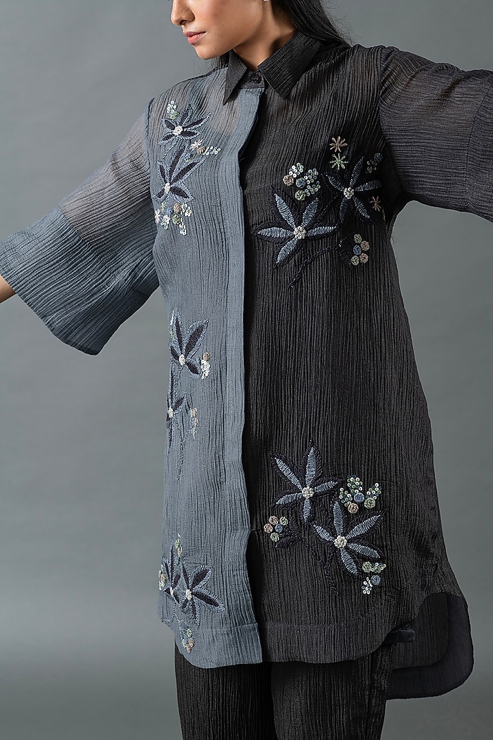 Slate Grey & Charcoal Black Japanese Quash Floral Embroidered Tunic Set by OJA at Pernia's Pop Up Shop