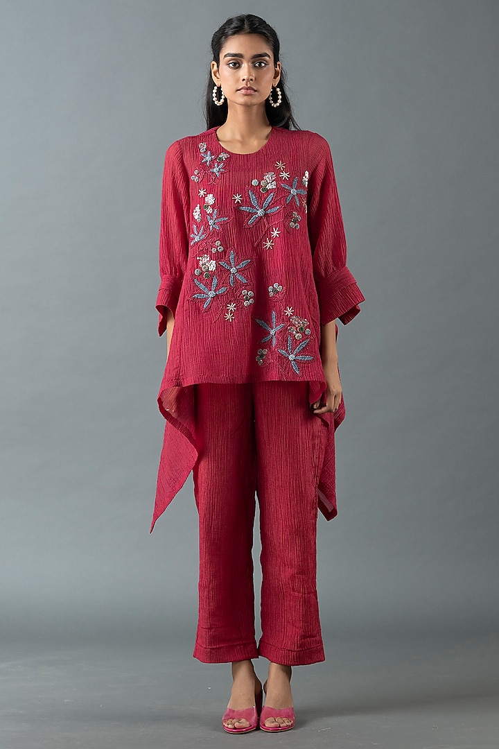 Maroon Japanese Quash Embroidered Tunic Set by OJA at Pernia's Pop Up Shop