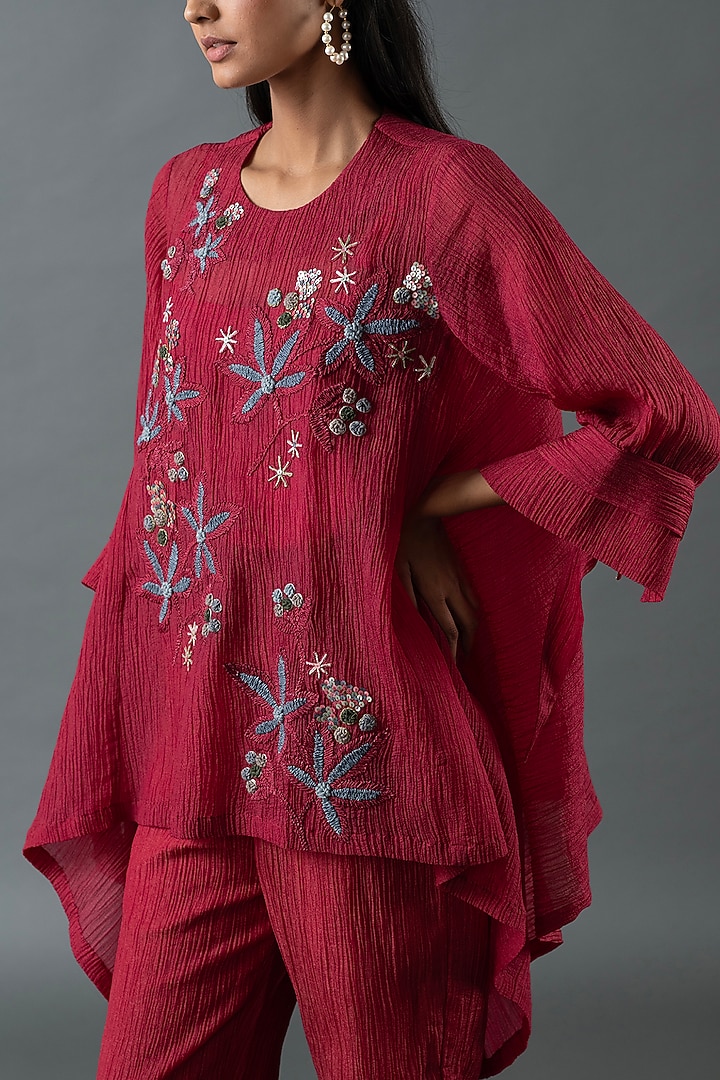 Maroon Japanese Quash Embroidered Tunic Set by OJA at Pernia's Pop Up Shop